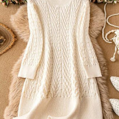 Rochie midi din tricot, cu maneca lunga, alb, dama