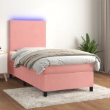 Cumpara ieftin Pat cu arcuri, saltea și LED, roz, 90x190 cm, catifea