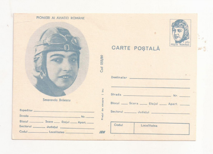 RF31 -Carte Postala- Pionieri al Aviatiei - Smaranda Braescu, necirculata 1989