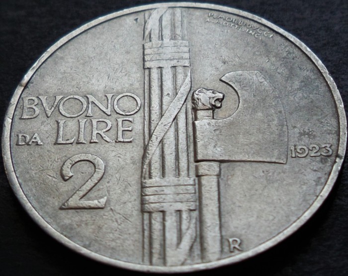 Moneda istorica (BUN PENTRU) 2 LIRE - ITALIA, anul 1923 *cod 4886