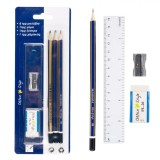 Set Creioane, Office Style, HB, Radieră, Ascuțitoare, Riglă 15cm, 9 Buc, Albastru/Auriu, Oem