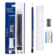Set Creioane, Office Style, HB, Radieră, Ascuțitoare, Riglă 15cm, 9 Buc, Albastru/Auriu