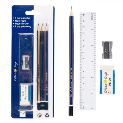Set Creioane, Office Style, HB, Radieră, Ascuțitoare, Riglă 15cm, 9 Buc, Albastru/Auriu foto