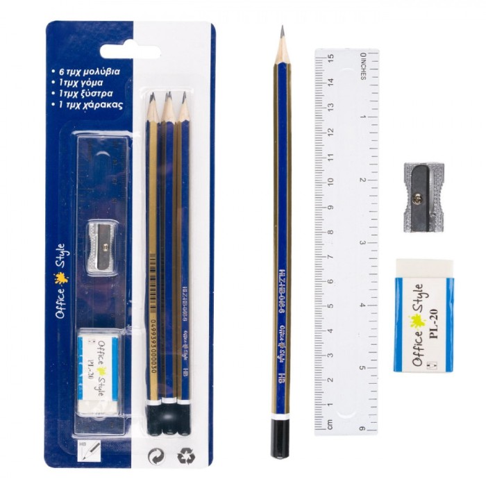 Set Creioane, Office Style, HB, Radieră, Ascuțitoare, Riglă 15cm, 9 Buc, Albastru/Auriu