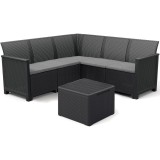 Set mobilier de gradina Keter Elodie cu canapea coltar 5 locuri si masa cu spatiu depozitare, aspect ratan, plastic, canapea: 182 x 182 x 79 cm, masa