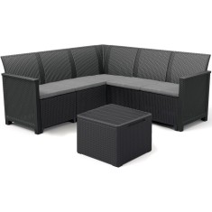 Set mobilier de gradina Keter Elodie cu canapea coltar 5 locuri si masa cu spatiu depozitare, aspect ratan, plastic, canapea: 182 x 182 x 79 cm, masa