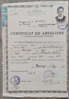 Certificat de absolvire a cursului secundar teoretic inferior Gimnaziul de Baeti Bucuresti 1941 foto