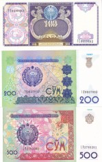Bancnota Uzbekistan 100, 200 si 500 Sum 1994-99 - P79-81 UNC