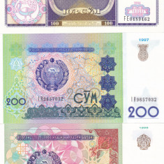 Bancnota Uzbekistan 100, 200 si 500 Sum 1994-99 - P79-81 UNC