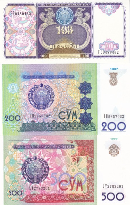 Bancnota Uzbekistan 100, 200 si 500 Sum 1994-99 - P79-81 UNC