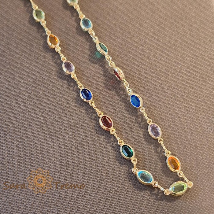 Colier placat cu aur, stantat , 48 cm, cu cristale zirconia multicolore, usor de asortat
