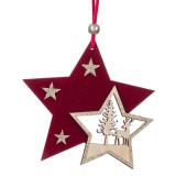 Ornament Crăciun Jumbo, Model Stea, Bordo, Catifelat, Glitter Auriu, 12x10 cm, Lemn