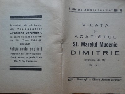 Vieata si acatistul Sf. Marelui Mucenic Dimitrie, isvoritorul de mir, 1935 foto