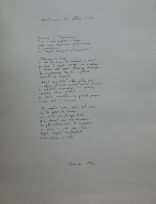 Manuscris de expozitie scris olograf de poeta Florenta Albu, poezia Inchinare la Alba Iulia foto