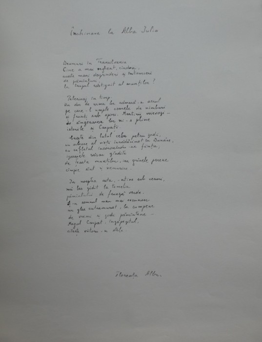 Manuscris de expozitie scris olograf de poeta Florenta Albu, poezia Inchinare la Alba Iulia
