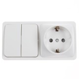 Priza schuko simpla + intrerupator dublu Hoff Mini, aparenta, contact de protectie, 10A, alba