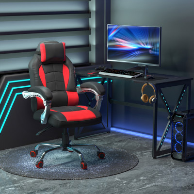 HOMCOM Scaun gaming ergonomic, scaun pentru jocuri si birou cu inclinare, suport lombar si tetiera, scaun gaming din piele ecologica, rosu si negru foto