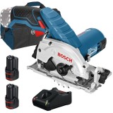 Bosch GKS 12V-26 + 1600A019RD + 1619BZ0100 - Fierastrau circular 85x15 mm + Set 2 acumulatori si incarcator Li-Ion 12 V 3 Ah + Geanta textila
