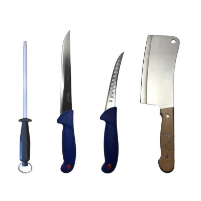 Set profesional de macelarie, dezosat, transat, filetat, 2 cutite, otel carbon, masat pentru ascutit, satar foto
