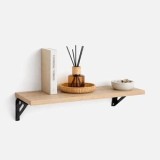 Raft de perete din lemn cu aspect de stejar, 40x14,8x1,5 cm, cu suporturi metalice, CMCLASS
