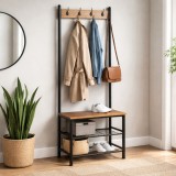 Cuier haine hol cu suport pantofi cadru metalic, PAL, 60x40x175 cm, negru