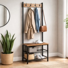 Cuier haine hol GN Scala, cu suport pantofi, cadru metalic, PAL, 60x40x175 cm, negru