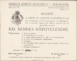 A694 Invitație Erd&eacute;lyi K&aacute;rp&aacute;t Egyes&uuml;let, E.K.E., meghiv&oacute;, 1911, Cluj