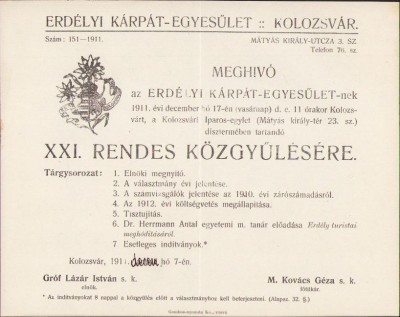 A694 Invitație Erd&amp;eacute;lyi K&amp;aacute;rp&amp;aacute;t Egyes&amp;uuml;let, E.K.E., meghiv&amp;oacute;, 1911, Cluj foto