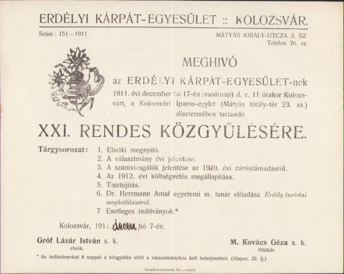 A694 Invitație Erd&eacute;lyi K&aacute;rp&aacute;t Egyes&uuml;let, E.K.E., meghiv&oacute;, 1911, Cluj