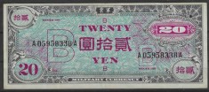 !!! RARR : JAPONIA , OCUPATIA ALIATA - 20 YEN (1945) - P 73 - XF+ / CEA DIN SCAN