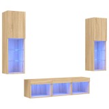 Cumpara ieftin Unitati de perete TV cu LED-uri, 5 piese, stejar sonoma, lemn