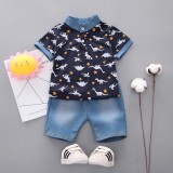 Costumas cu tricou bleumarine pentru baietei - Dino (Marime Disponibila: 6-9