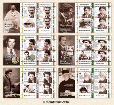 ROMANIA 2016-Lp 2097b-ROMANI GENIALI-Sase blocuri cu 3 timbre nestampilate MNH foto