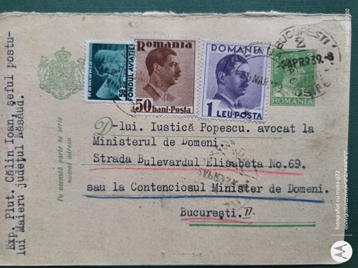 Regalitate Romania , carte postala corespondenta circulata ,corepondenta financiar -comerciala avocat