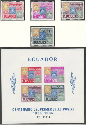 Ecuador 1965 Mi 1186/89 + bl 13 MNH - 100 de ani de timbre foto