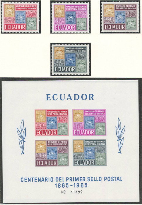 Ecuador 1965 Mi 1186/89 + bl 13 MNH - 100 de ani de timbre