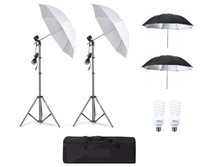 Kit de 4 umbrele alb-negru, 2 trepiezi reglabili 200 cm, 2 becuri 45W, geanta de transport inclusa foto
