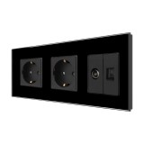 Priza schuko tripla - 2 x priza simpla + 1 x priza TV / internet Luxion LX-2MP010/26/25G-B, incastrat, contact de protectie, rama de sticla inclusa, n