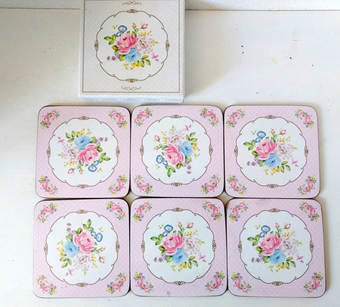 * Set 6 suport pahare / coaster, carton cu pluta, model cu trandafiri / flori