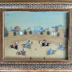 Polo călare (chaugan), pictură pe sticlă, peisaj arab - ramă cu sidef