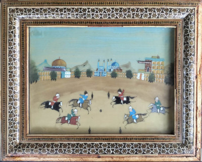 Polo călare (chaugan), pictură pe sticlă, peisaj arab - ramă cu sidef foto