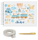 Set Album foto / GuestBook pentru botez baieti, model 3, personalizabil, A4 landscape, pix si dubluadeziv inclus, 3 piese, accesoriu nunta