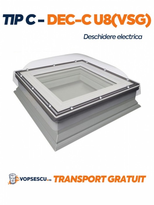 Fereastra cu cupola Tip C pentru acoperis terasa Fakro, model DEC-C U8(VSG) cu deschidere electrica