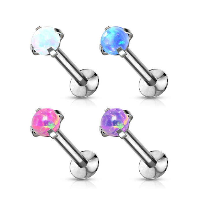 Piercing pentru buză, bărbie sau ureche, fără filet, din oțel 316L - opal sintetic &icirc;ntr-o montură, 8 mm - Culoare: Roz