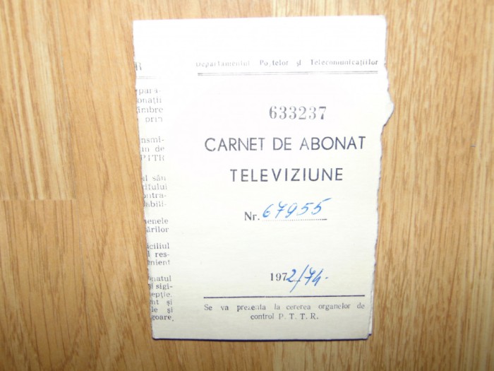 CARNET DE ABONAT TELEVIZIUNE 1972/74