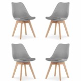 Set 4 Scaune Grosseto, Stil Scandinav cu Picioare din Lemn, Sezut din PP si Perna din Piele Ecologica, Maxim 120 Kg, 49 x 45 x 82 cm, Gri Deschis