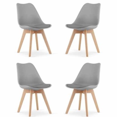 Set 4 Scaune Grosseto, Stil Scandinav cu Picioare din Lemn, Sezut din PP si Perna din Piele Ecologica, Maxim 120 Kg, 49 x 45 x 82 cm, Gri Deschis foto