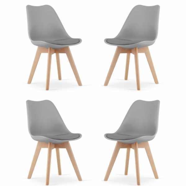 Set 4 Scaune Grosseto, Stil Scandinav cu Picioare din Lemn, Sezut din PP si Perna din Piele Ecologica, Maxim 120 Kg, 49 x 45 x 82 cm, Gri Deschis
