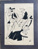 Caricatură interbelică Fred (Alfred) Ghenădescu (1903 - ?), tuș pe h&acirc;rtie lipită pe carton subțire, artist roman, 30x23,5 / 26x18 cm