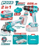 Kit TOTAL 20V cu bormasina cu impact si polizor unghiular, 2x 4.0Ah